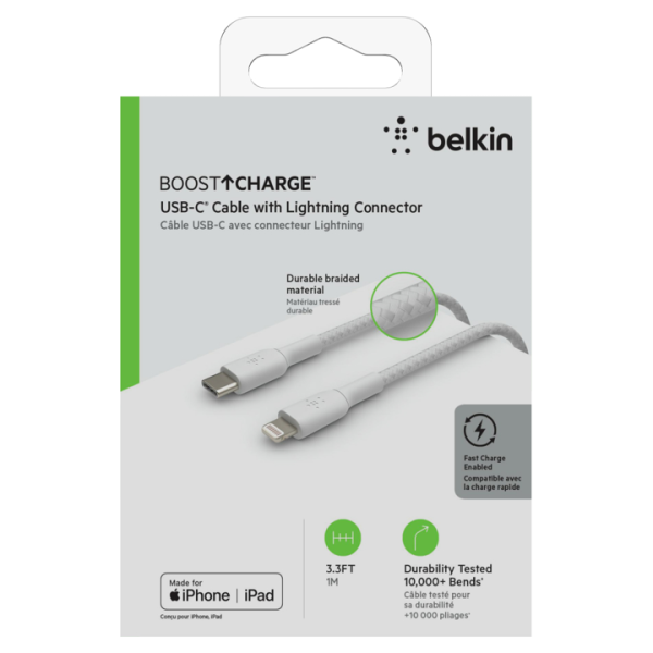 Cable Belkin USB-C a Lightning - 1M - Trenzado - Blanco Online now