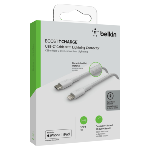 Cable Belkin USB-C a Lightning - 1M - Trenzado - Blanco Online now